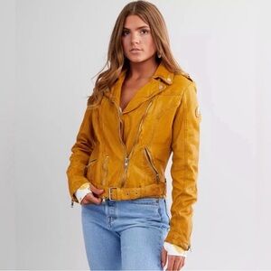 MAURITIUS Mustard Leather Moto Jacket – Women’s XS Cropped Biker Jacket